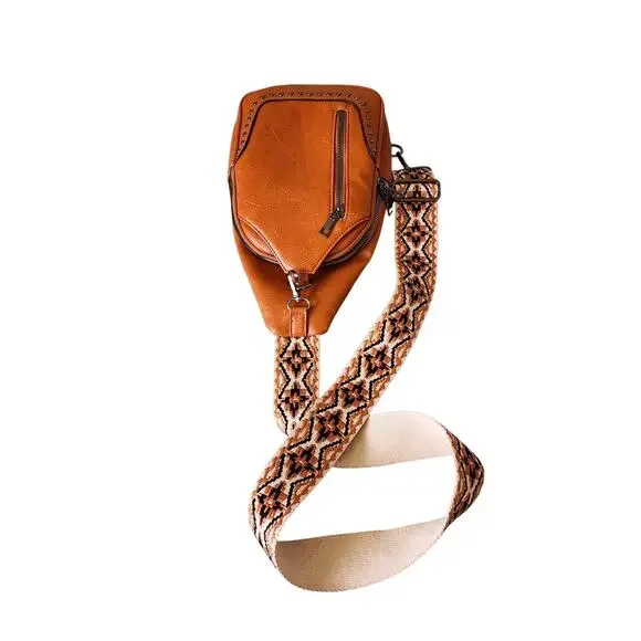 Sam & Hadley Vegan Leather Macrame Guitar Strap Embellished Crossbody Sling Bag - Picture 5 of 10